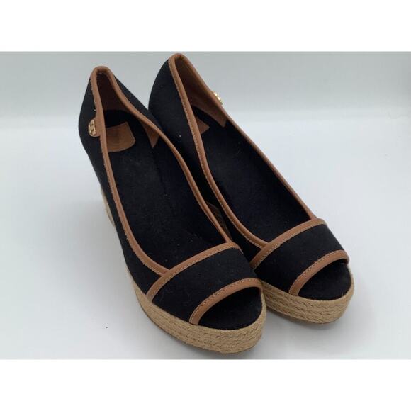 Tory Burch Black Wedges With Brown Details Woven Platform Size 38 1/2 - Picture 1 of 7